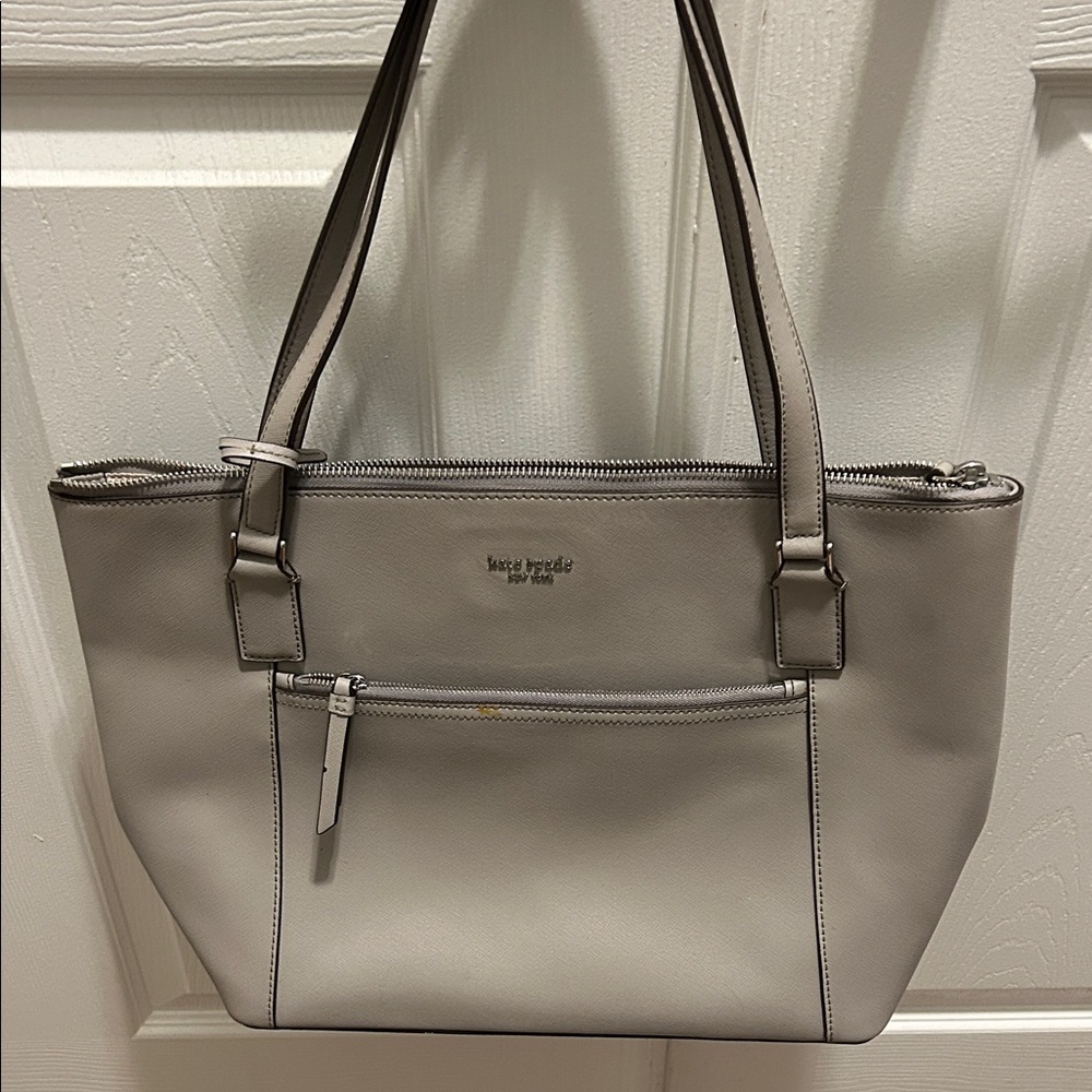 kate spade gray leather zip-top tote